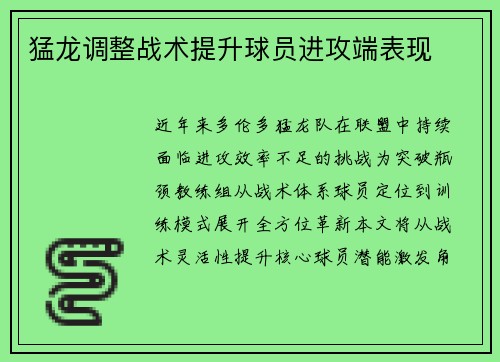 猛龙调整战术提升球员进攻端表现