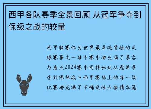 西甲各队赛季全景回顾 从冠军争夺到保级之战的较量