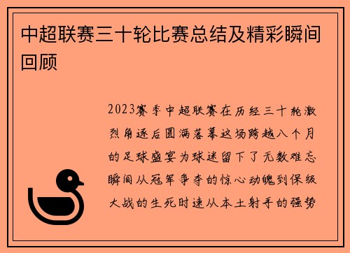 中超联赛三十轮比赛总结及精彩瞬间回顾