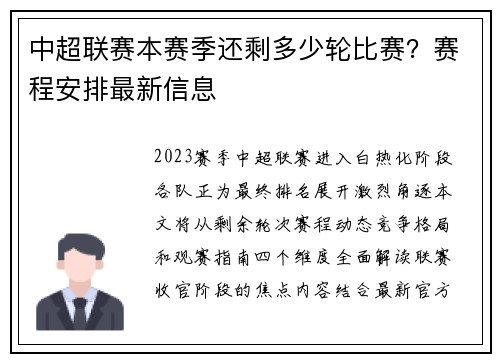 中超联赛本赛季还剩多少轮比赛？赛程安排最新信息